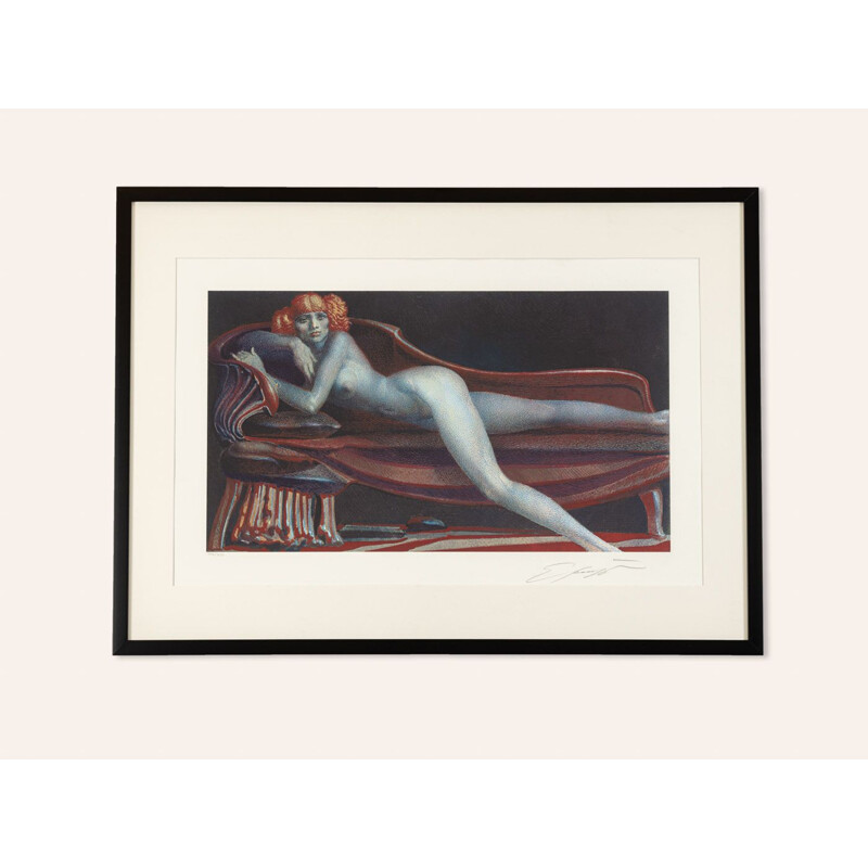 Lithographie couleur vintage "Auf einer Chaiselongue liegender weiblicher Akt" par Ernst Fuchs