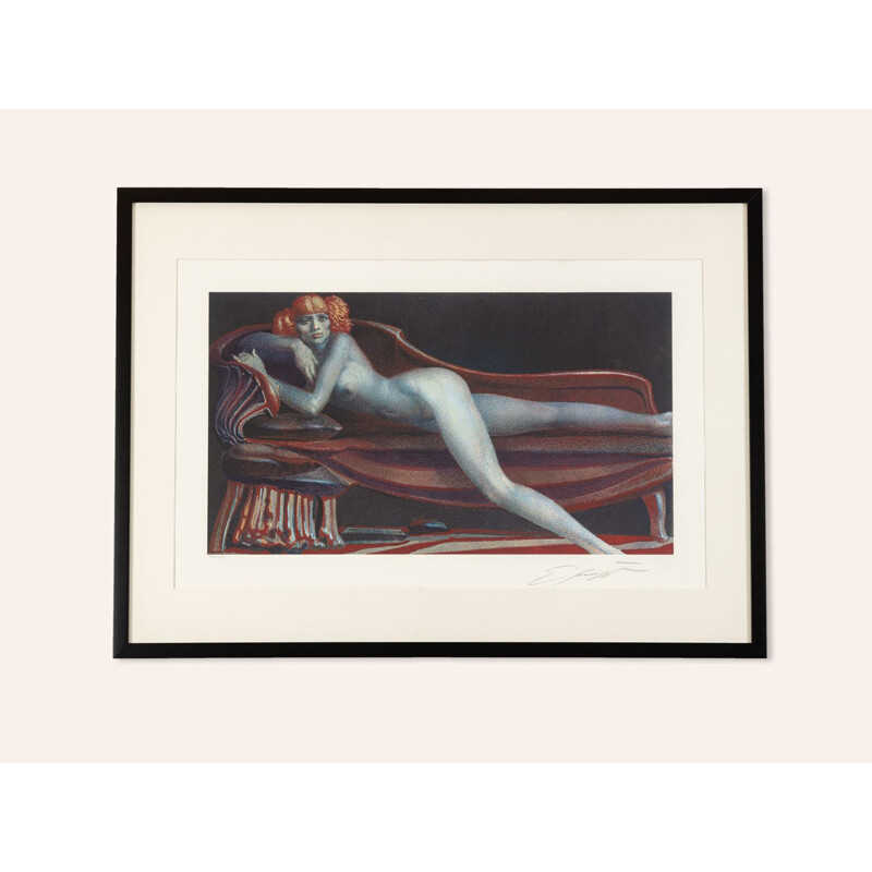 Vintage "Auf einer Chaiselongue liegender weiblicher Akt" color lithograph by Ernst Fuchs