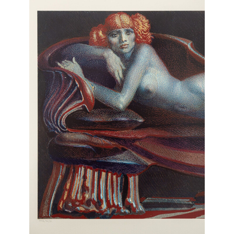Lithographie couleur vintage "Auf einer Chaiselongue liegender weiblicher Akt" par Ernst Fuchs
