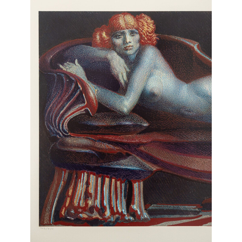 Vintage "Auf einer Chaiselongue liegender weiblicher Akt" color lithograph by Ernst Fuchs