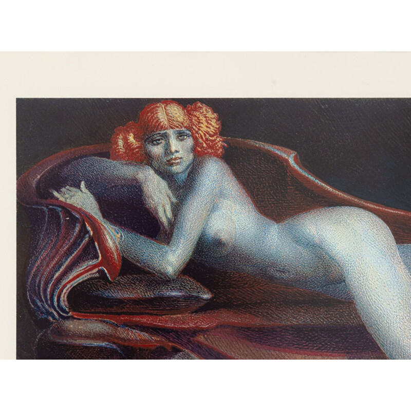 Vintage "Auf einer Chaiselongue liegender weiblicher Akt" color lithograph by Ernst Fuchs