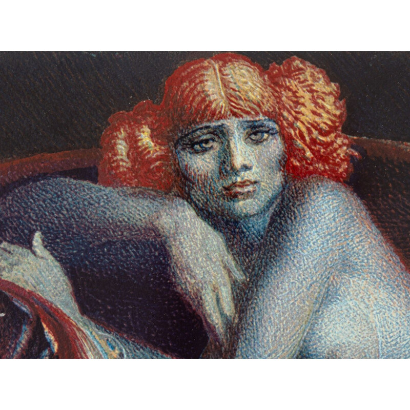 Lithographie couleur vintage "Auf einer Chaiselongue liegender weiblicher Akt" par Ernst Fuchs