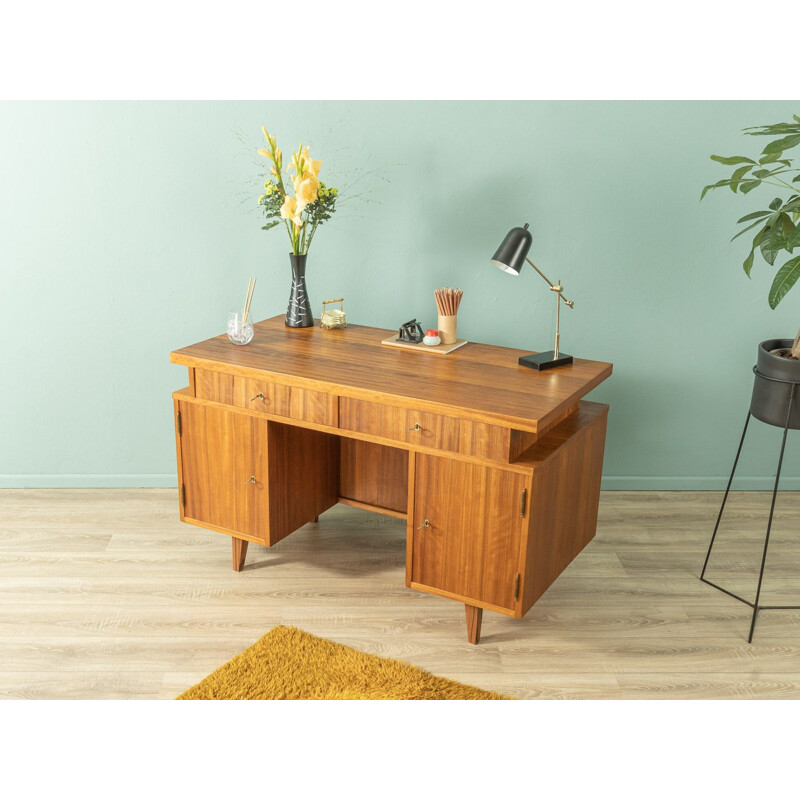 Vintage walnut desk with two sliding glass doors, Germany 1950s