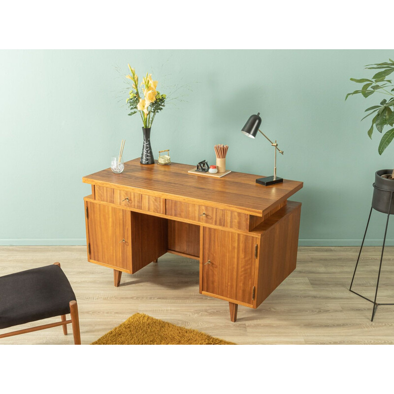 Vintage walnut desk with two sliding glass doors, Germany 1950s