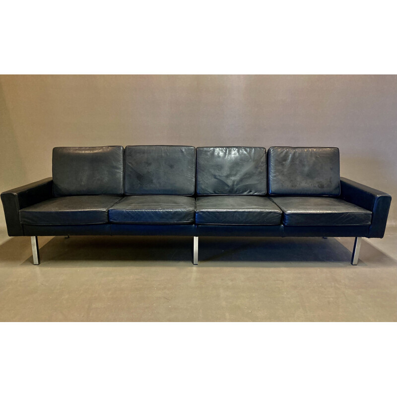 Vintage black leather 4 seater sofa, 1950