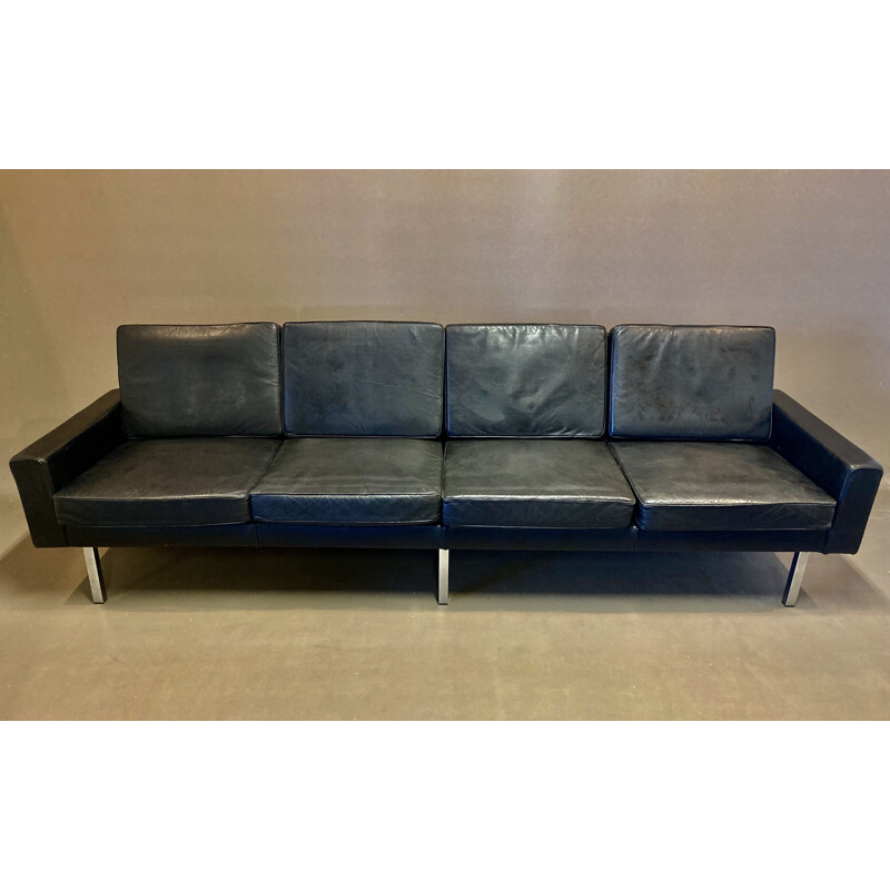 Vintage black leather 4 seater sofa, 1950