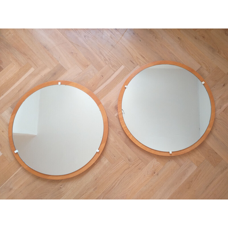 Pair of vintage round teak wall mirrors, Denmark 1960