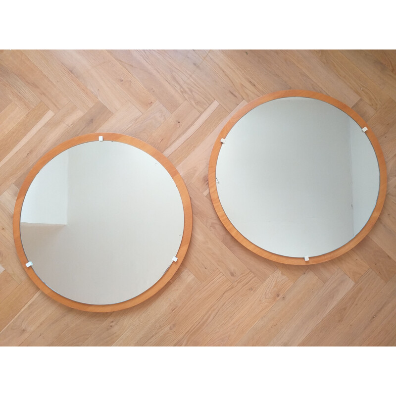 Pair of vintage round teak wall mirrors, Denmark 1960