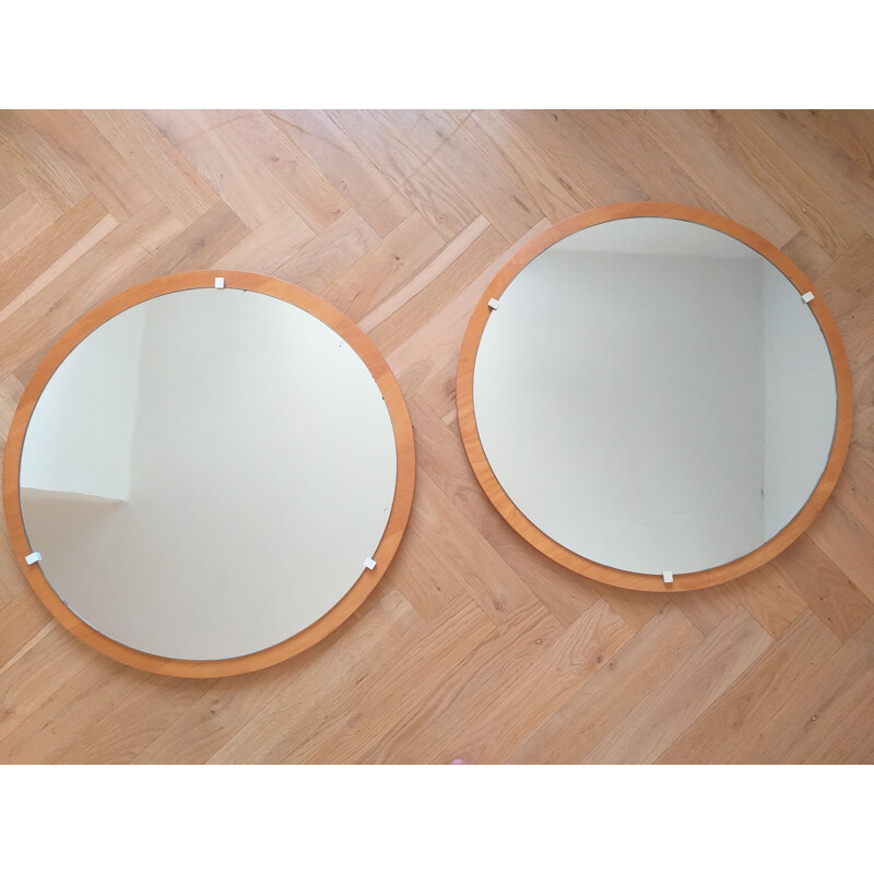 Pair of vintage round teak wall mirrors, Denmark 1960