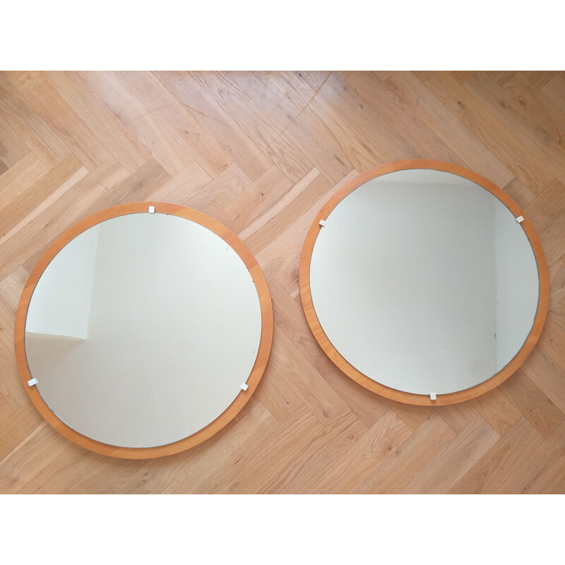 Pair of vintage round teak wall mirrors, Denmark 1960