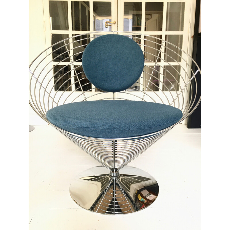 Vintage blue "wire cone" armchair by Verner Panton for Fritz Hansen, 1990