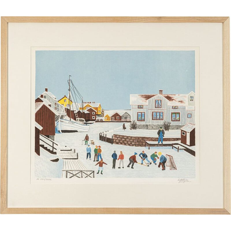 Litografia a cores "Schwedischer Winter" em madeira de freixo de Ulf Nilsson