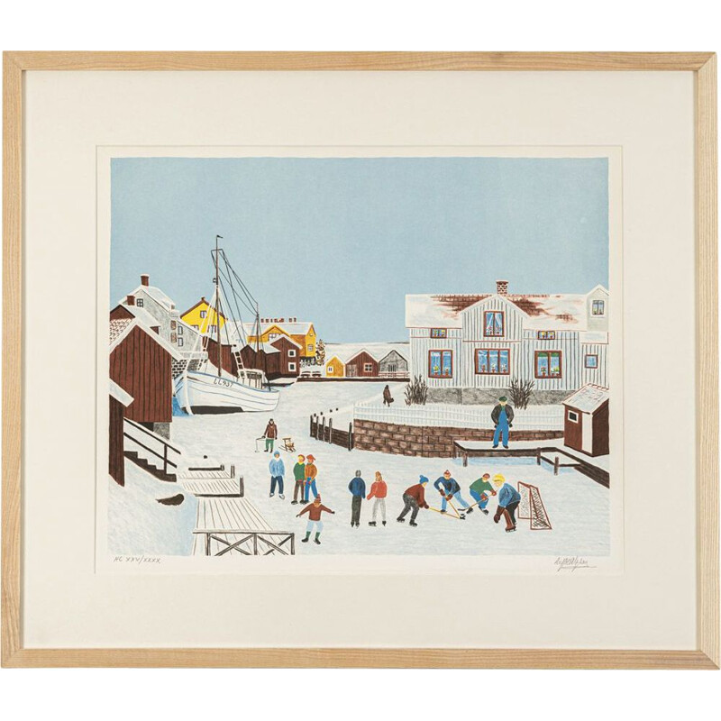 Vintage color lithograph "Schwedischer Winter" in ash wood by Ulf Nilsson