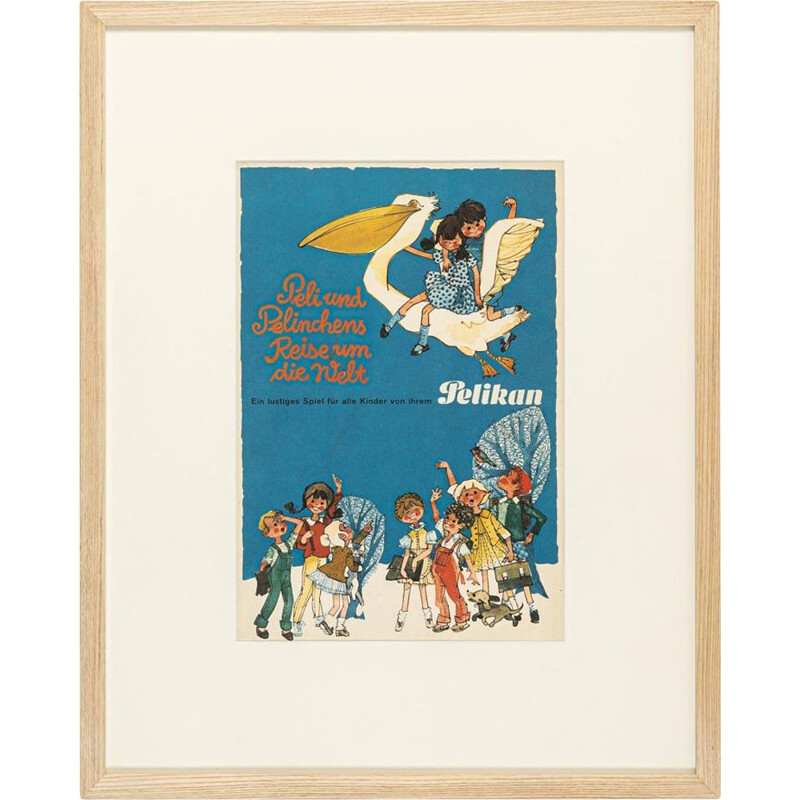 Panneau publicitaire vintage "Peli & Pelinchen" en bois de frêne, 1950