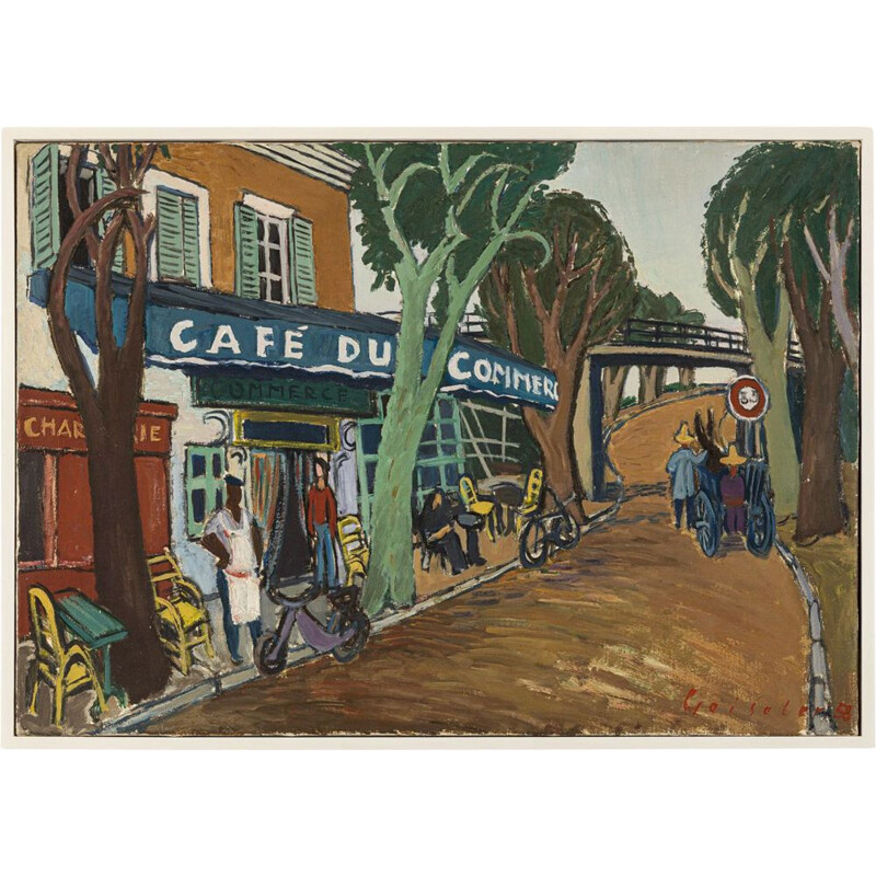 Huile sur toile vintage "Café du Commerce" par Hermann Geiseler, 1958