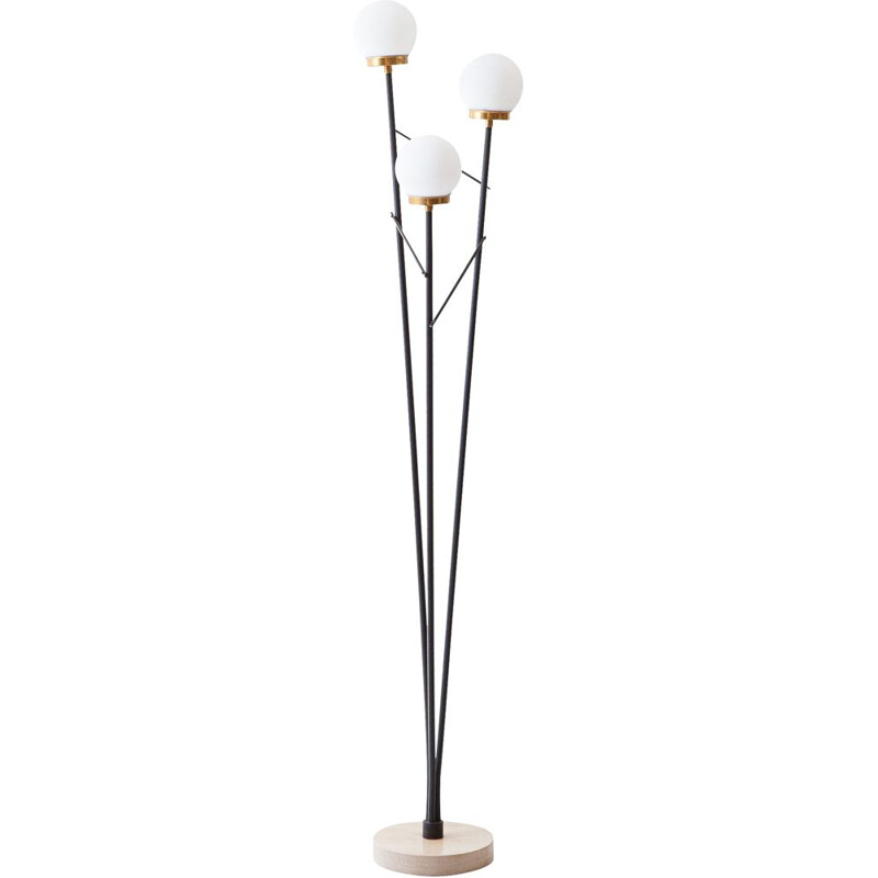 Italian vintage floor lamp in black steel, opaline glasses and marble base, Italy1950s