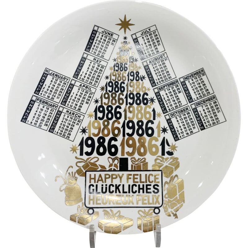 Piatto calendario in porcellana d'epoca di Piero Fornasetti, 1986