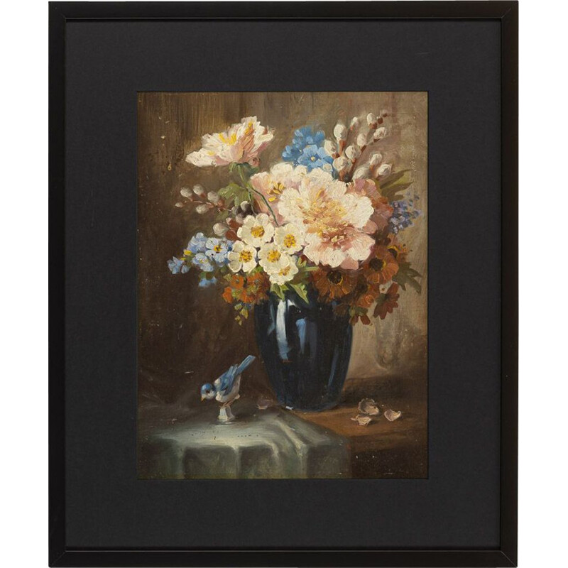 Oil on a vintage plate "Bouquet of flowers" in real wood, black color, 1950