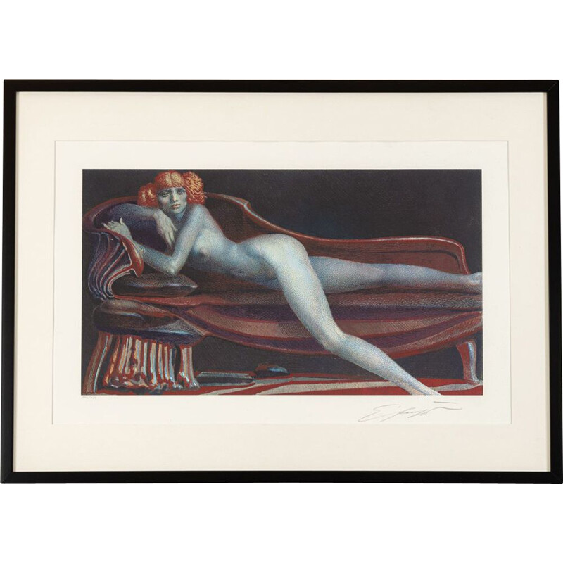 Vintage "Auf einer Chaiselongue liegender weiblicher Akt" color lithograph by Ernst Fuchs