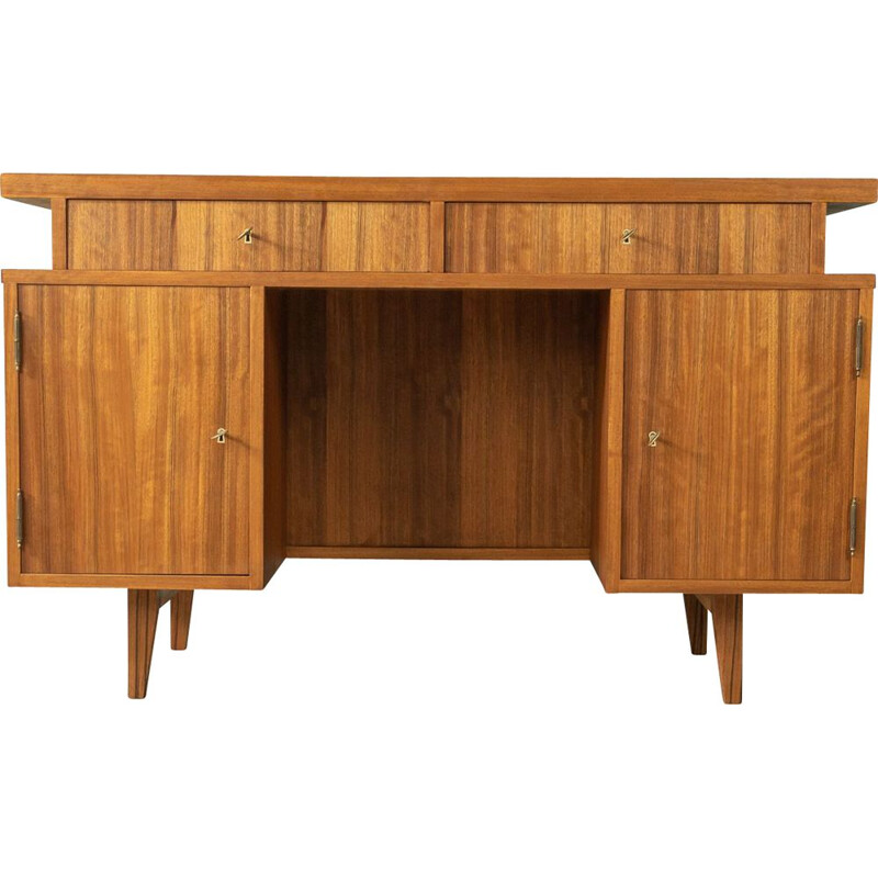 Vintage walnut desk with two sliding glass doors, Germany 1950s