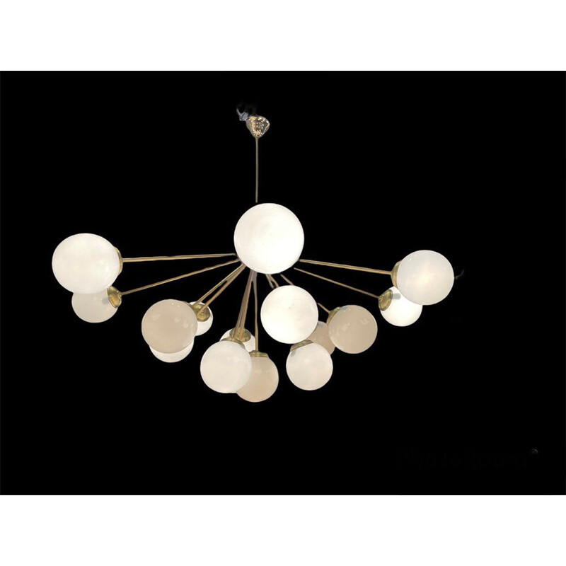 Sputnik vintage opaline glass & brass chandelier with 17 lights