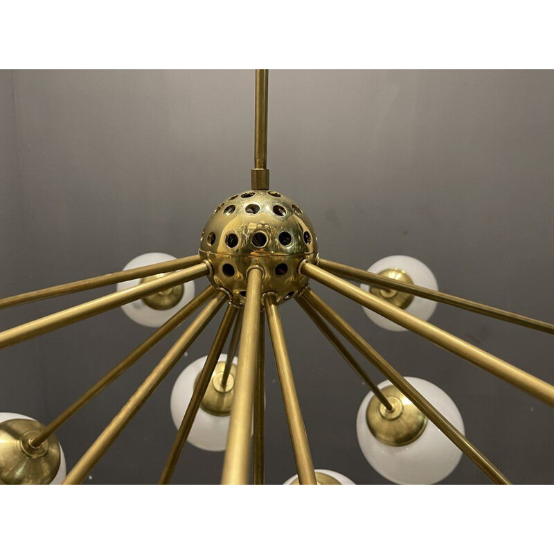 Sputnik vintage opaline glass & brass chandelier with 17 lights