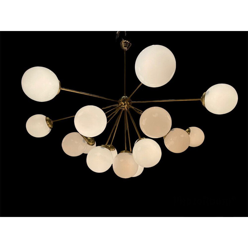 Sputnik vintage opaline glass & brass chandelier with 17 lights