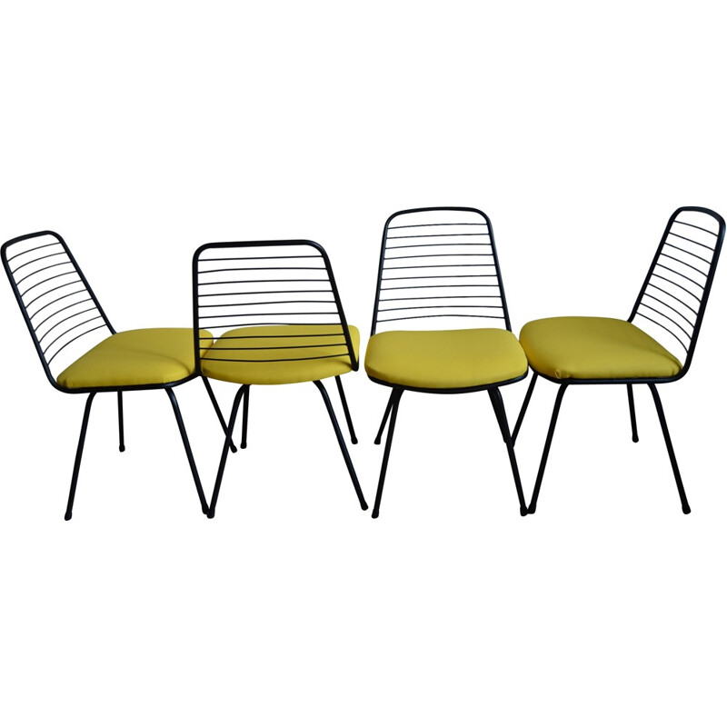 Set of 4 chairs in metal and yellow fabric, Jean-Louis BONNANT - 1956