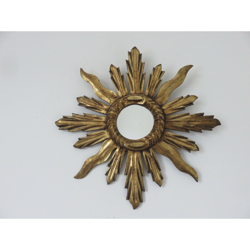 Vintage sun mirror in gilded wood, 1960s