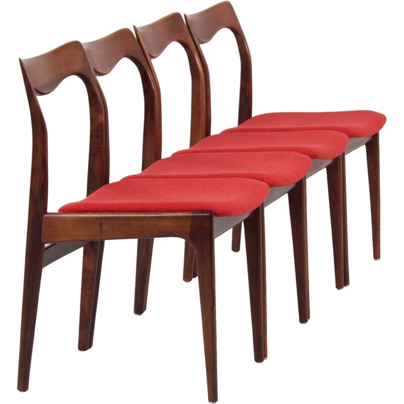 suite de quatre chaises en bois de palissandre et assise rouge - 1960