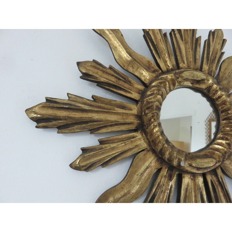 Vintage sun mirror in gilded wood, 1960s