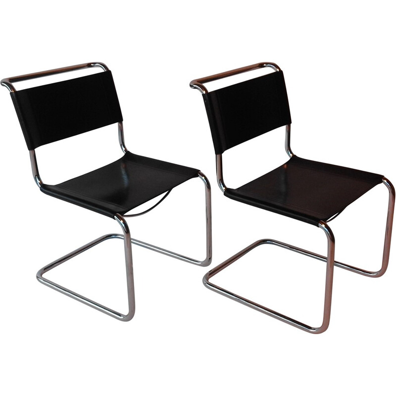 Pair of "S33" black leather chairs, Mart STAM - 1990s