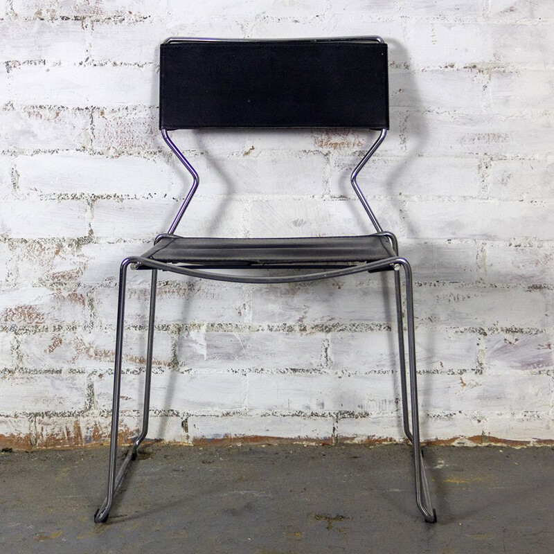 Pair of vintage chairs in chromed metal and black leather by Giandomenico Belotti, 1980