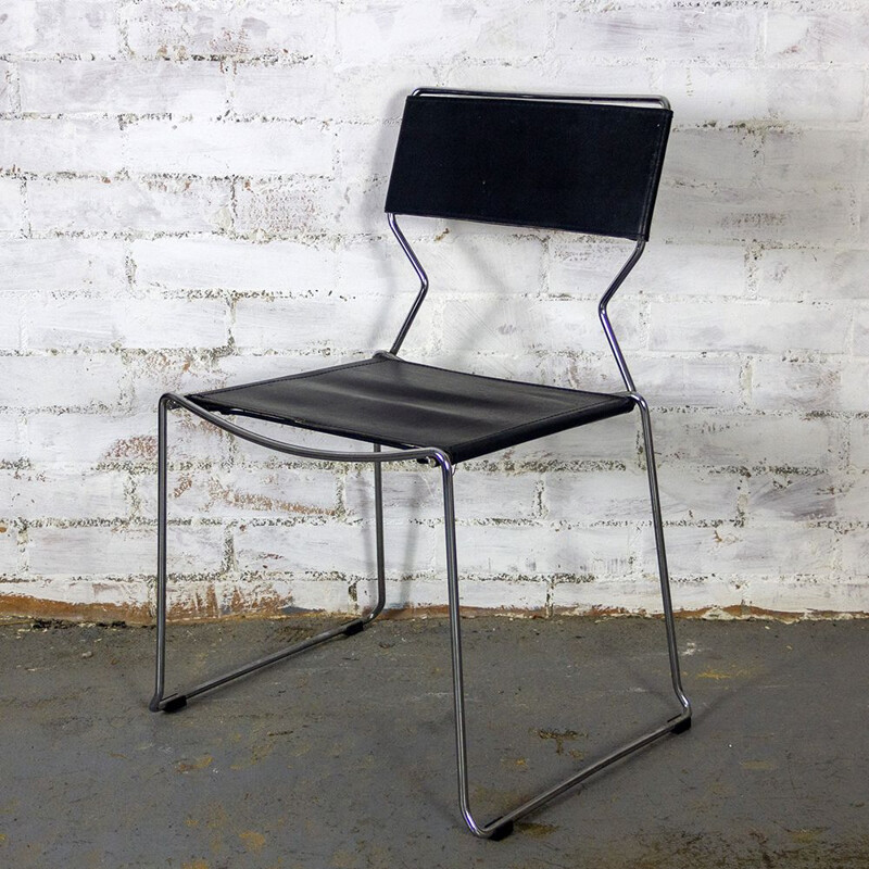 Pair of vintage chairs in chromed metal and black leather by Giandomenico Belotti, 1980