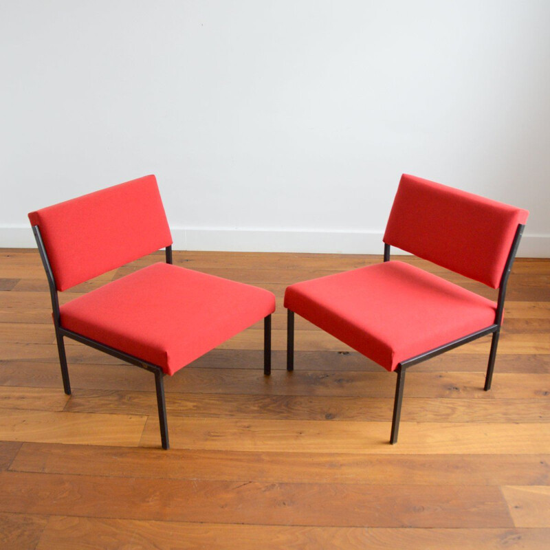 Paar vintage modernistische rode fauteuils van Gijs Van Der Sluis, 1950