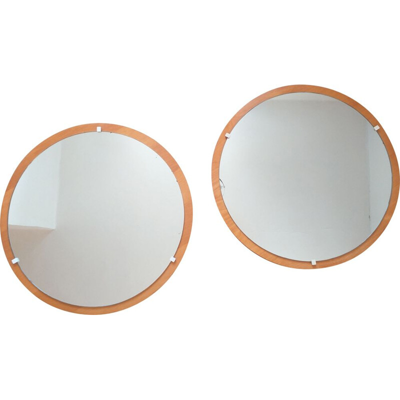 Pair of vintage round teak wall mirrors, Denmark 1960