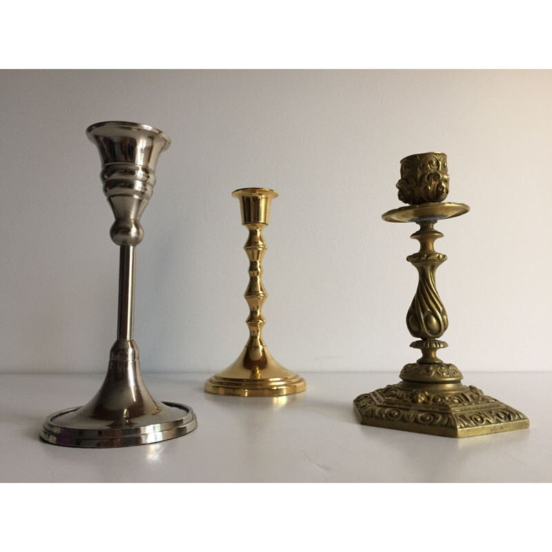 Set of 3 vintage candlesticks in solid brass