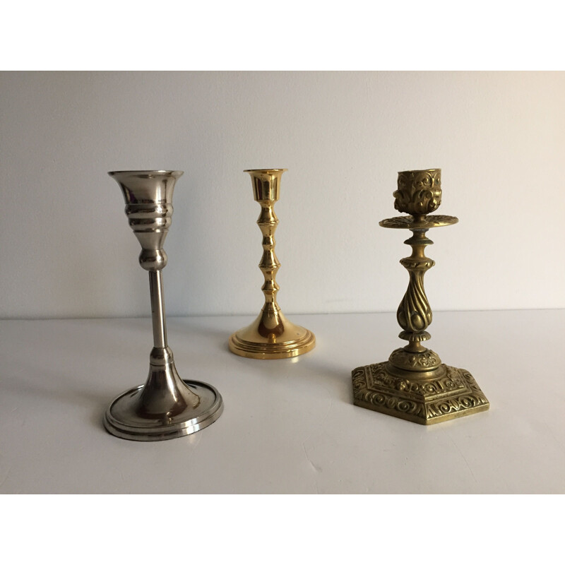 Set of 3 vintage candlesticks in solid brass