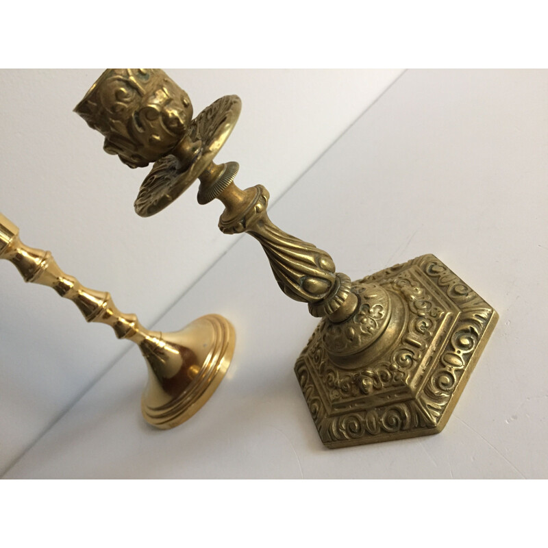 Set of 3 vintage candlesticks in solid brass