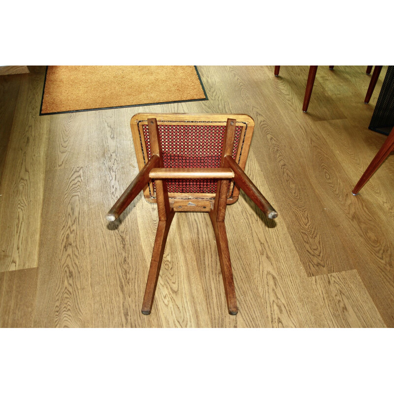 Vintage chair in beech and red and black cane by Pierre Cruège for Roset, 1950