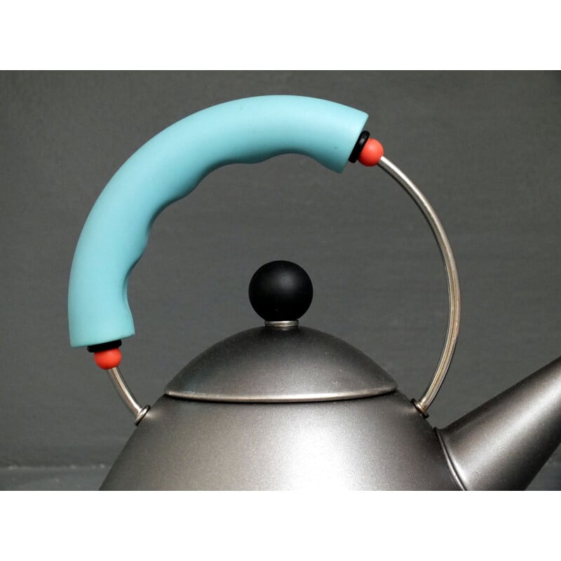 Vintage tea kettle in matte platinum gray enamel by Michael Graves for  Alessi, Italy