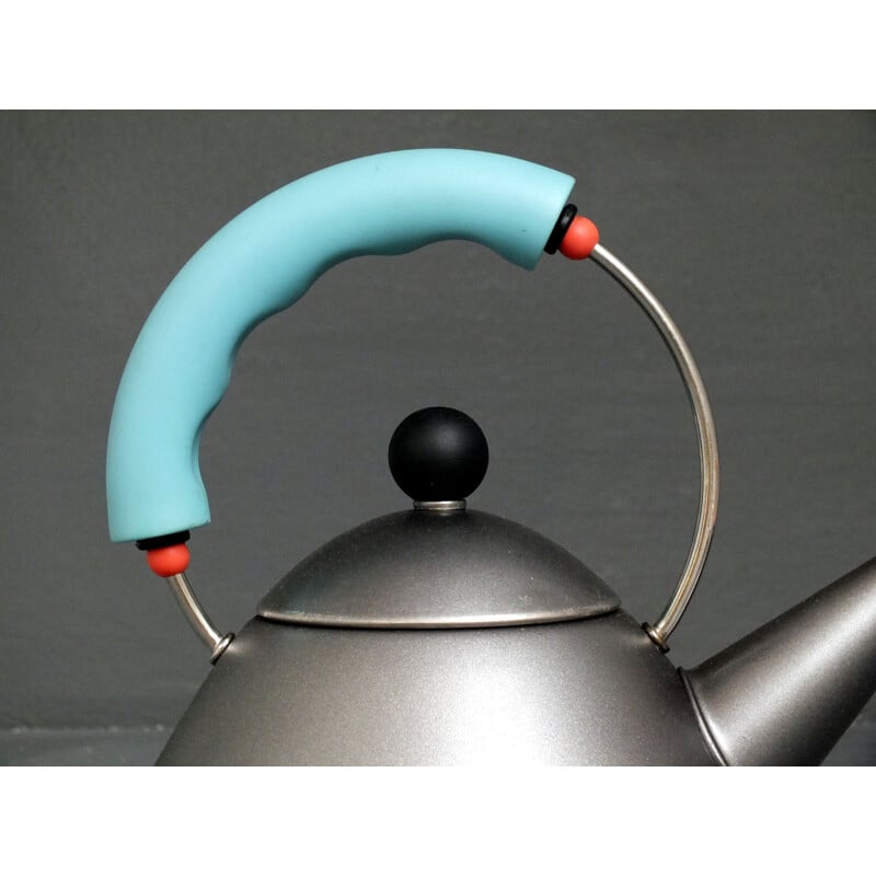 Vintage tea kettle in matte platinum gray enamel by Michael Graves for Alessi, Italy