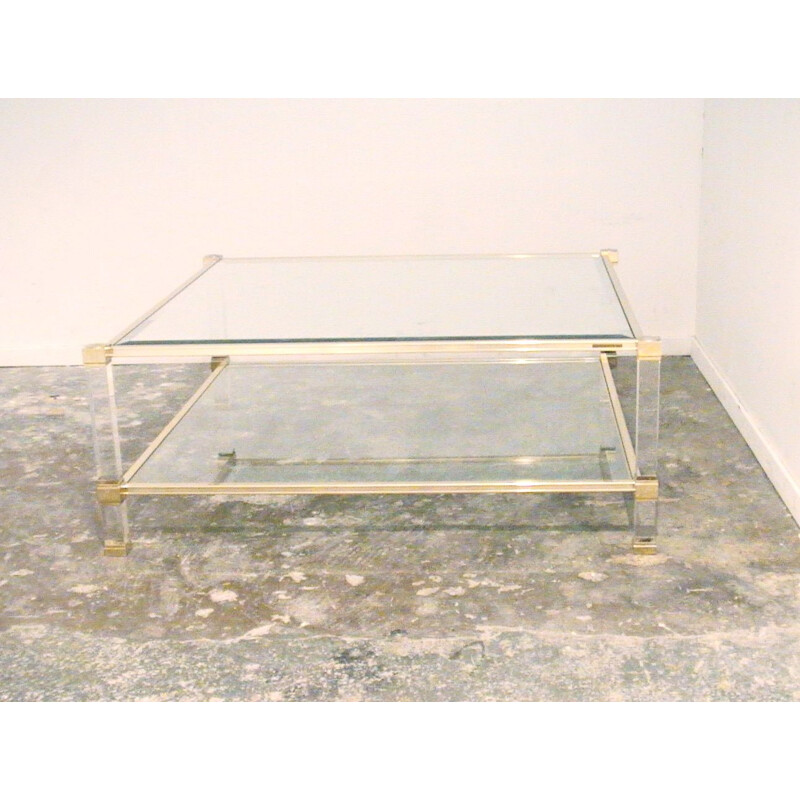 Vintage square lucite and brass coffee table by Pierre VANDEL, 1970s