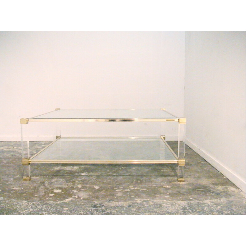 Vintage square lucite and brass coffee table by Pierre VANDEL, 1970s