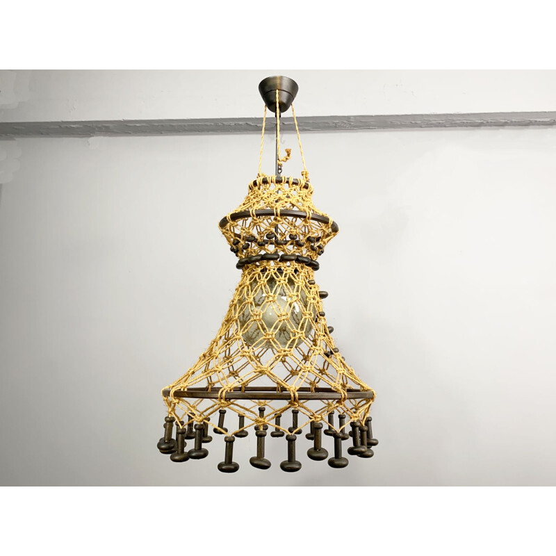 Vintage teak wood and sisal chandelier type 886 by Temde Mackramee, Germany 1960s
