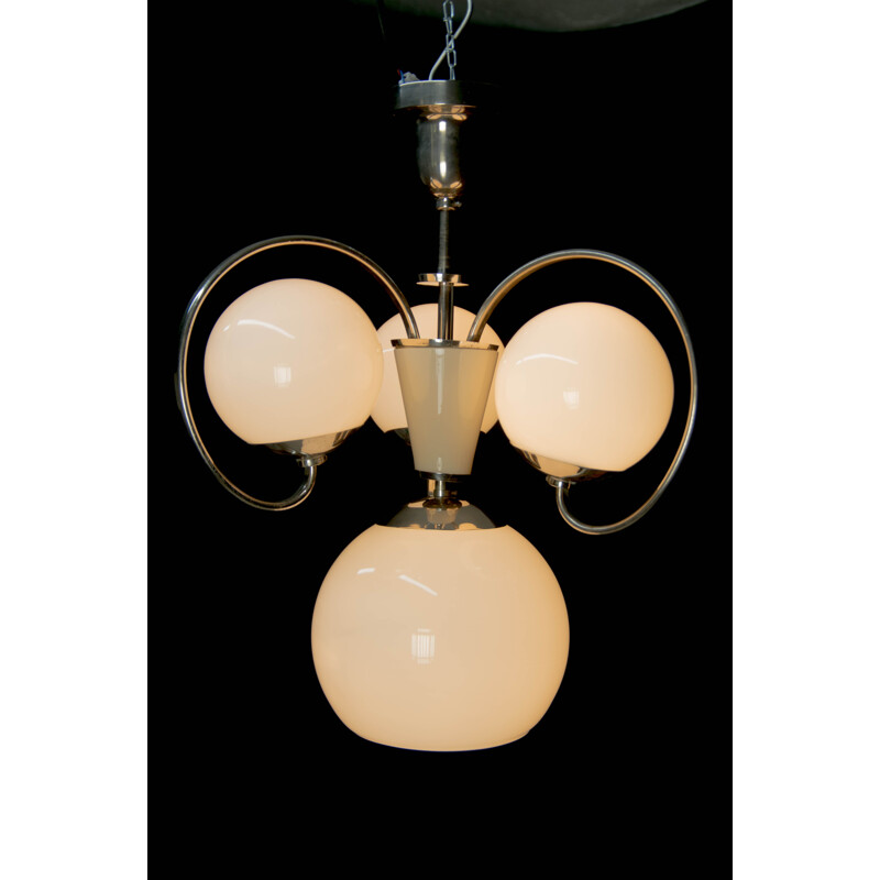 Vintage Art Deco white blown glass chandelier, 1930