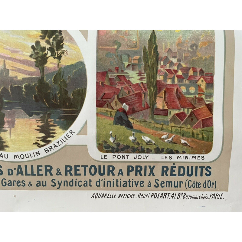 Affiche originale vintage "chemin de fer Plm - Semur en Auxois" par Henri Polard