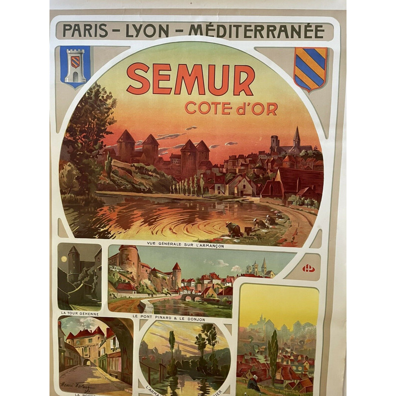 Affiche originale vintage "chemin de fer Plm - Semur en Auxois" par Henri Polard