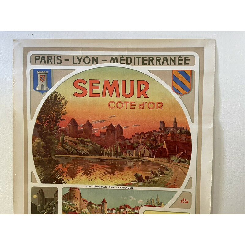 Affiche originale vintage "chemin de fer Plm - Semur en Auxois" par Henri Polard