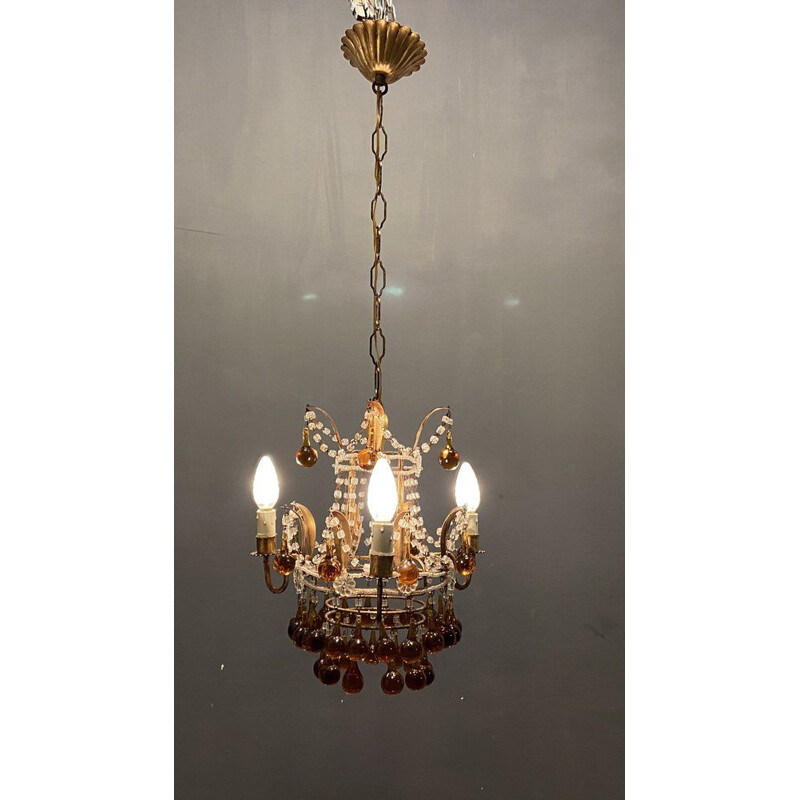 Araña veneciana vintage con gotas de cristal de Murano dorado